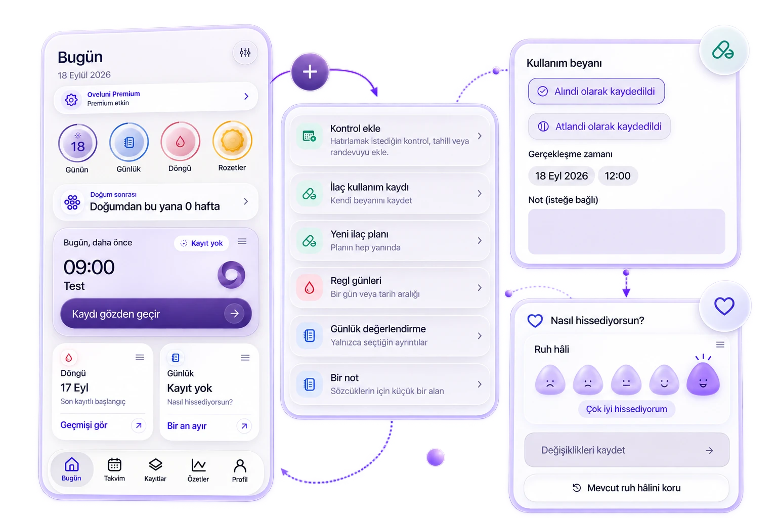 Oveluni Today screen, quick add, and mood entry