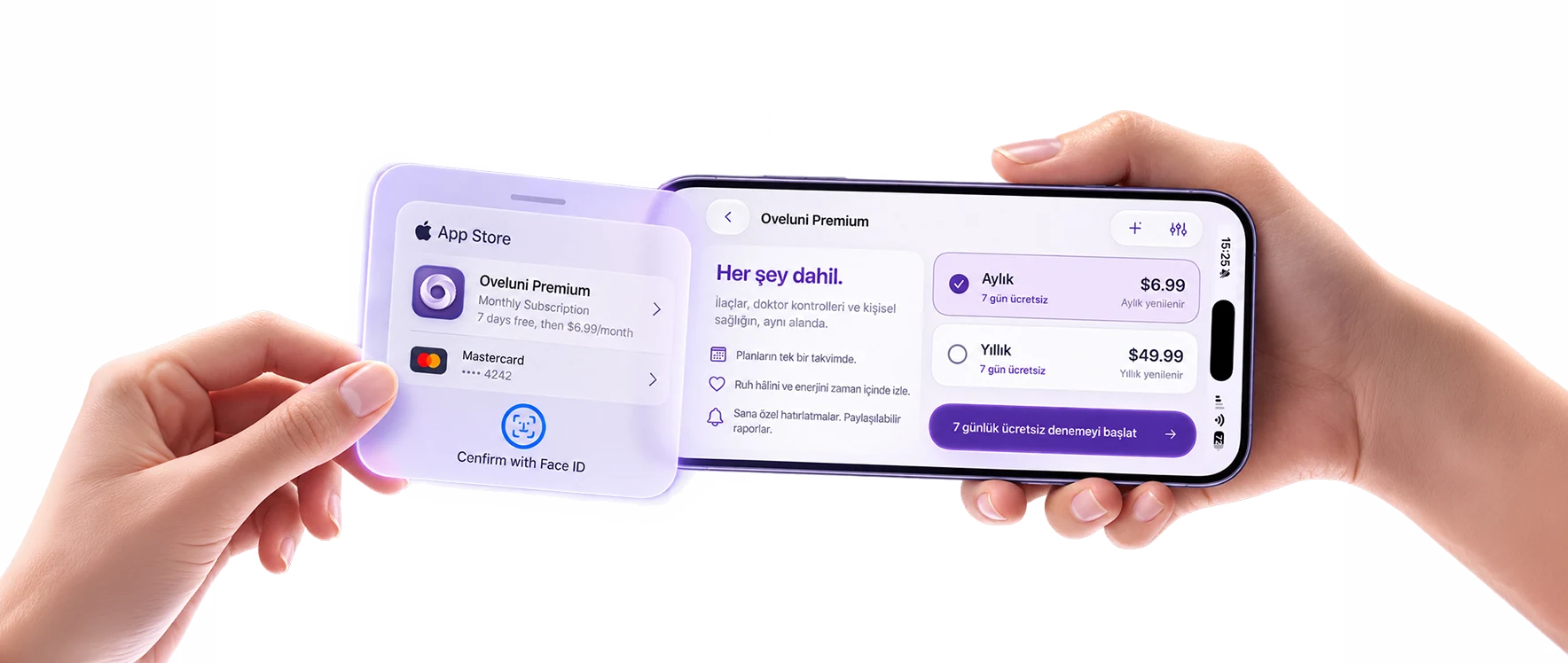 Oveluni period history, add period days and reminder settings screens: you enter the start and end dates