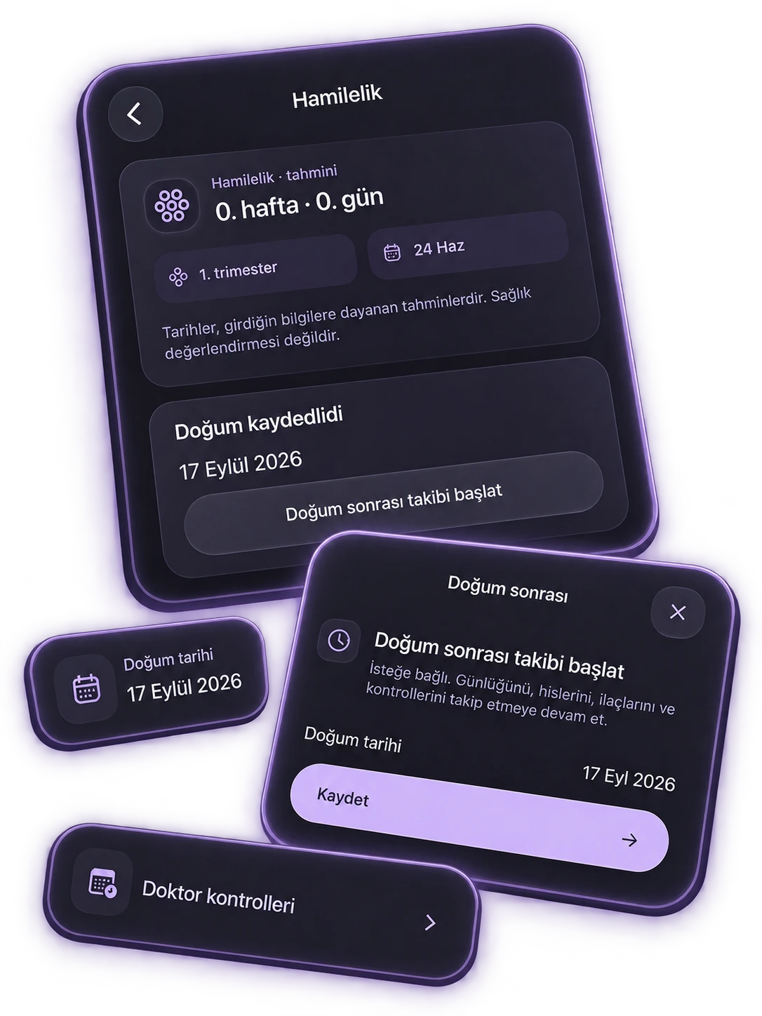 Oveluni pregnancy and postpartum tracking screens