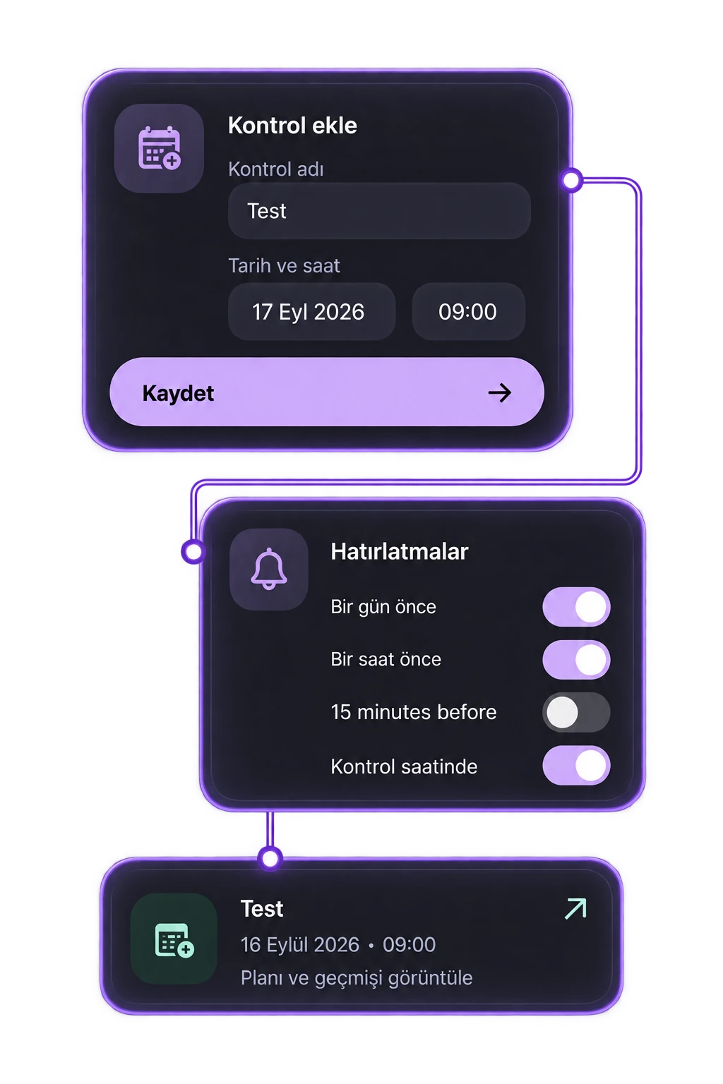 Oveluni check-up add, reminders and check-up card screens