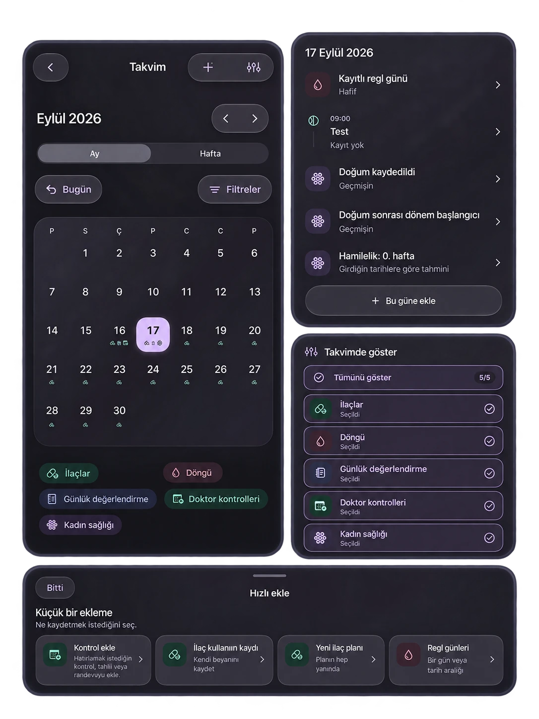 Oveluni calendar, day details and quick add screens