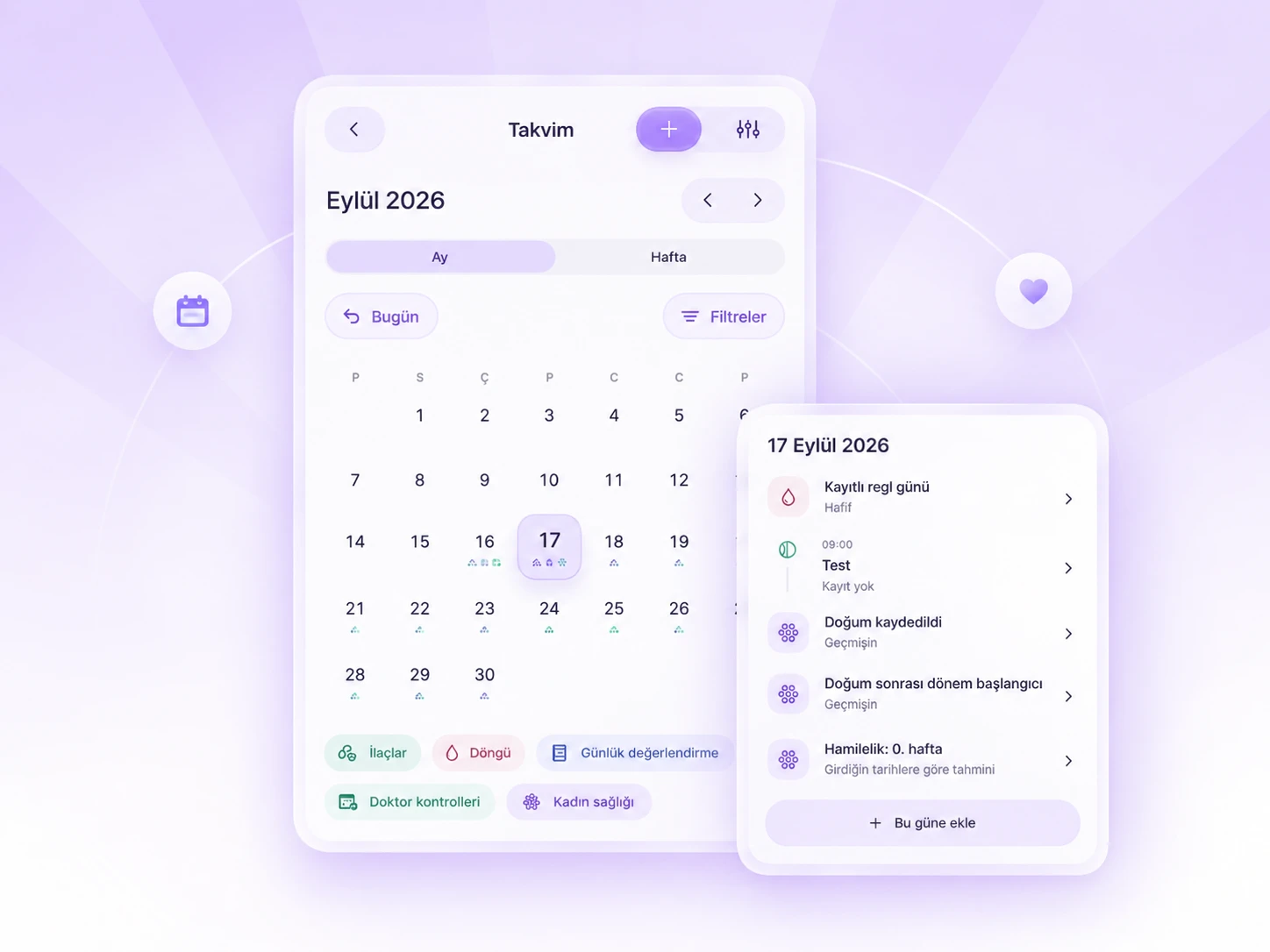 Oveluni calendar screen and day details