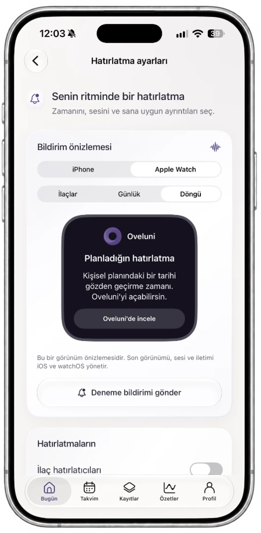 Oveluni notification preview: iPhone and Apple Watch